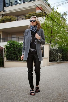 Bandana, bandana, leather pants, slides, minimal, grey blazer, pinstripe, prints, black and white, 