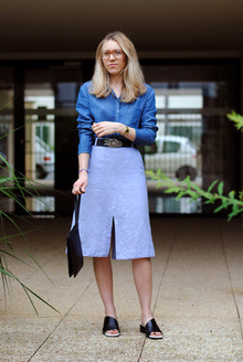 Double denim, denim, skirt, glasses, belt, denim shirt, denim skirt, chambray, 