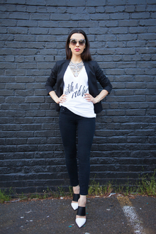 With a Red Lip, white tee shirt, black skinnies, black blazer, mules, pumps, color block, mule pumps, zara