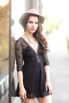 That Lacey Number, black, lace, short dress, dress, backless, low neckline, tan fedora, beige, fedora