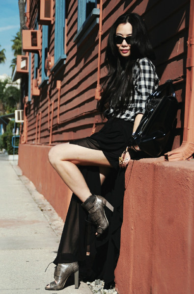 B & W, Plaid shirt, split skirt