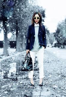 Navy Blazer And Snow Effect, h&m, blazer, menswear, metallic knit, crop, crop trouser, zara, 3.1 phillip lim, phillip lim, quay retro sunglasses, retro, sunglasses, phillip lim satchel, layers